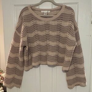 Altar'd State Beige and Cream Open-Knit Scoop Neck Sweater